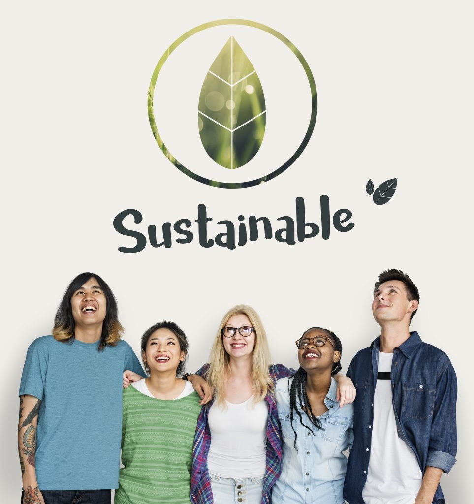 4 people standing and see sustainable write on image top