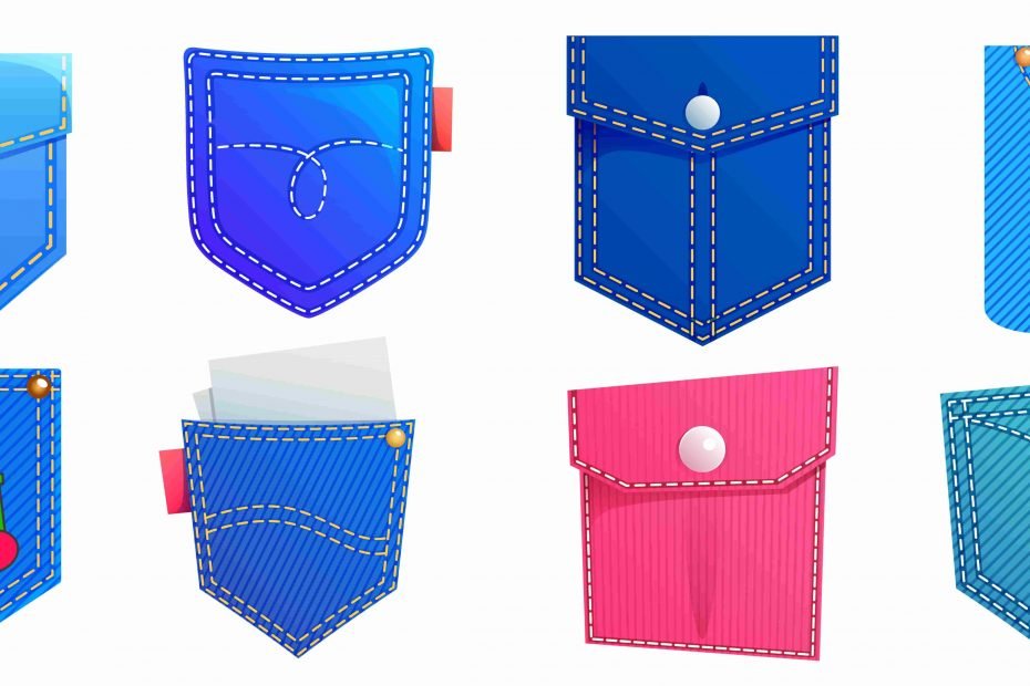 patch pockets for denim shirt and pants cartoon set isolated on white-min